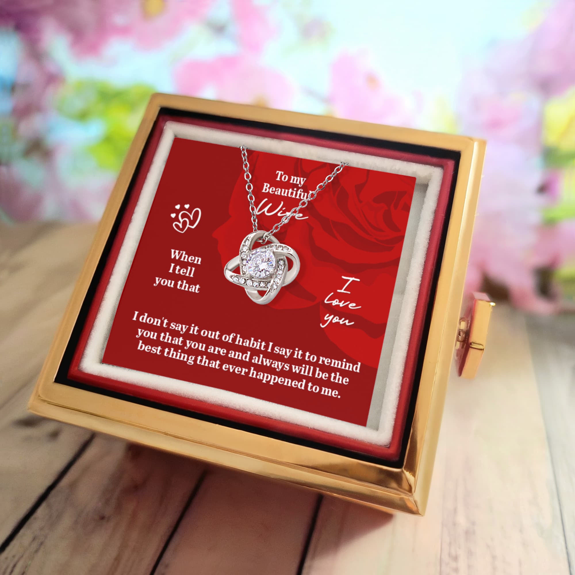 Romantic love knot necklace with message card reading “To My Beautiful Wife,” displayed in a luxury gift box — perfect wife anniversary gift.
