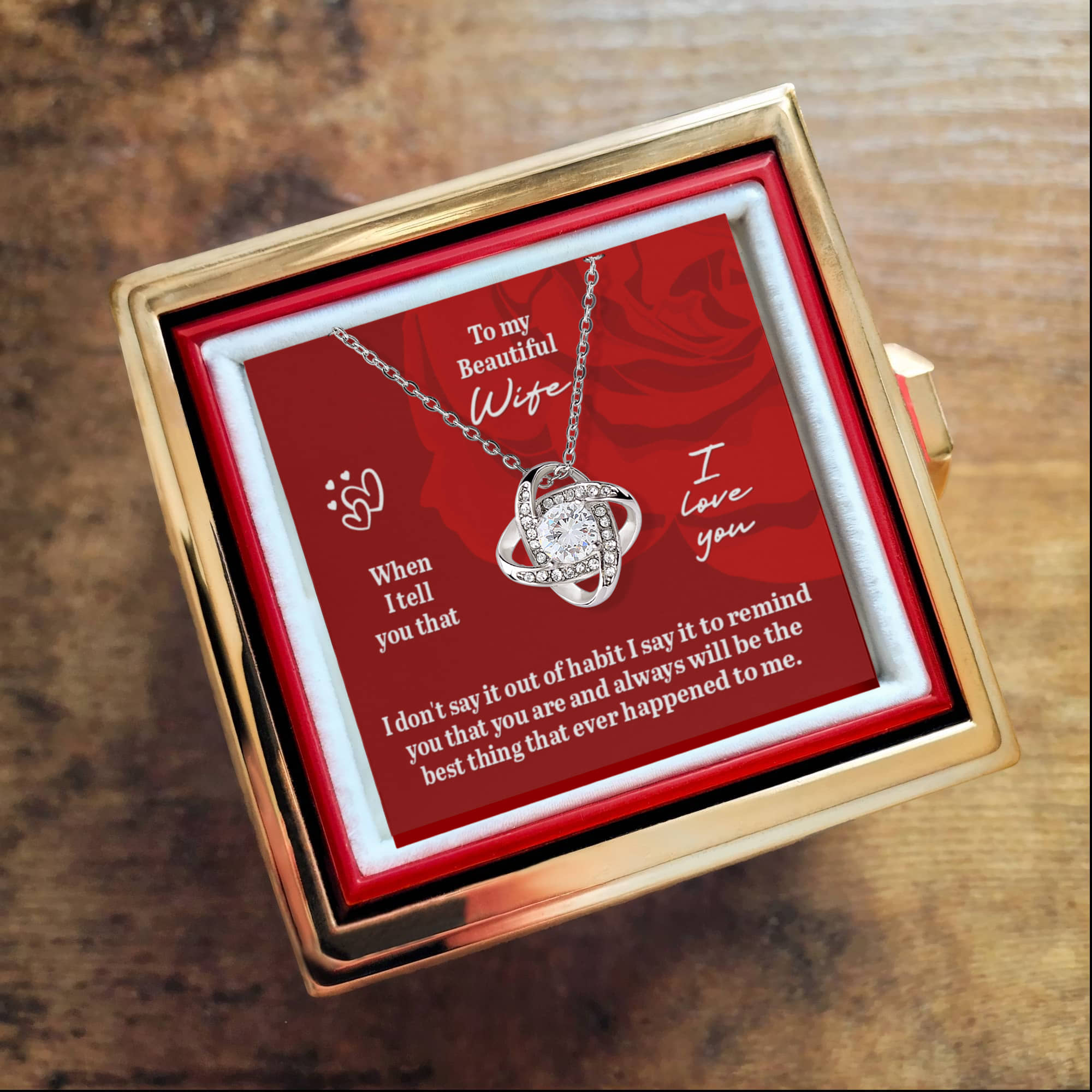 To My Beautiful Wife – Love Knot Necklace with Romantic Message Card | Anniversary, Birthday, or Christmas Gift for Wife