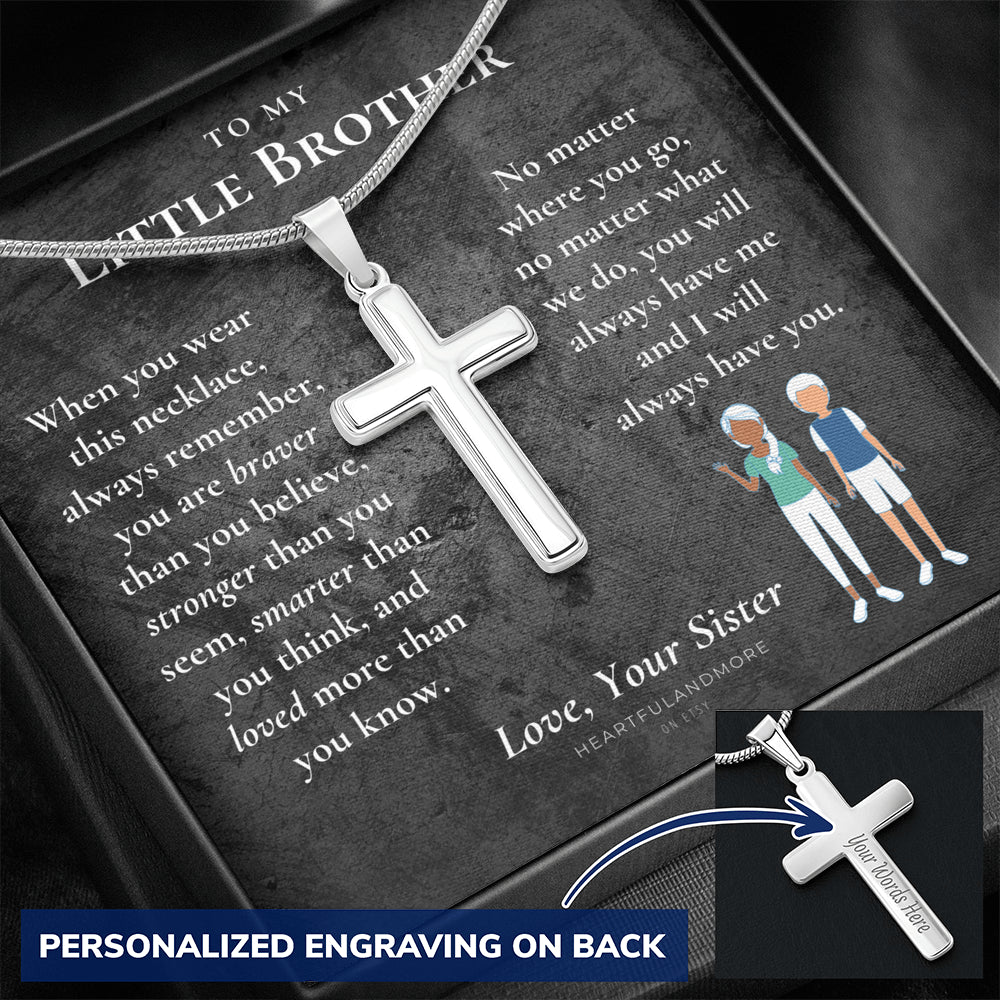 Little Brother Gift from Sister, Cross Necklace for Little Brother, Gifts for Young Brother, Cross Necklace from Sister to Little Brother