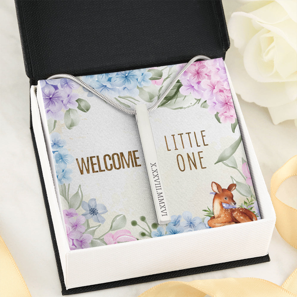 Welcome little one Roman Numeral Vertical Stick Necklace
