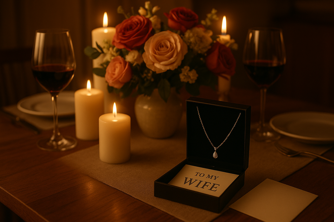 Romantic at-home anniversary dinner setup with candles, flowers, wine, and a necklace gift with a “To My Wife” card.