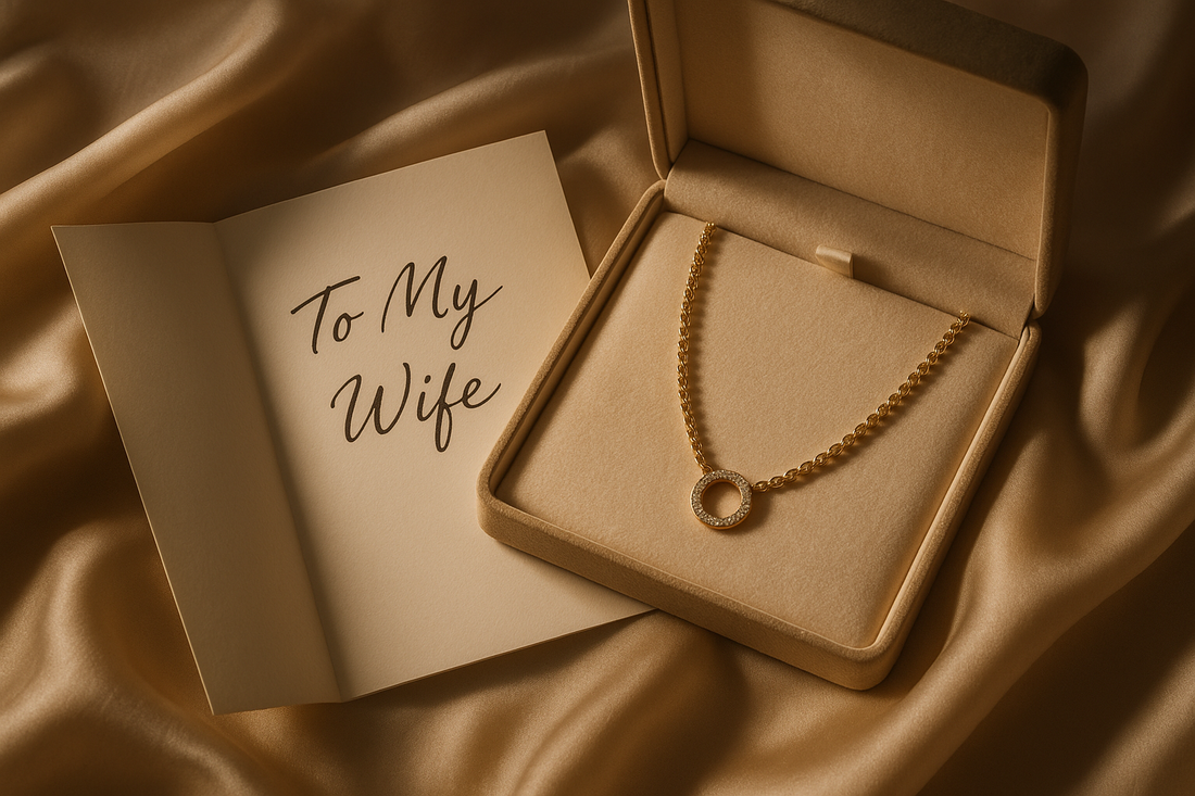 Anniversary necklace gift box with a complete necklace beside an open handwritten card that says To My Wife.