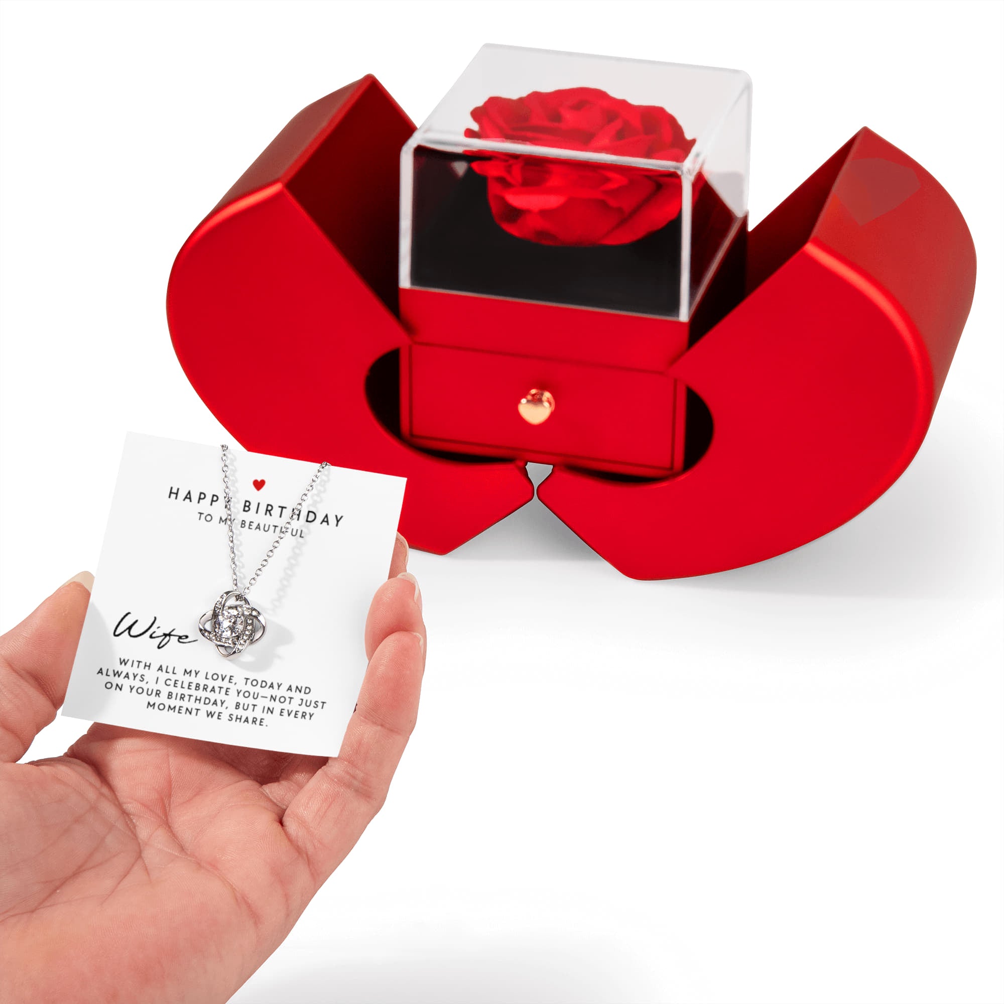 14k white gold Love Knot Necklace with cubic zirconia stone in a red rose jewelry box, perfect romantic birthday present