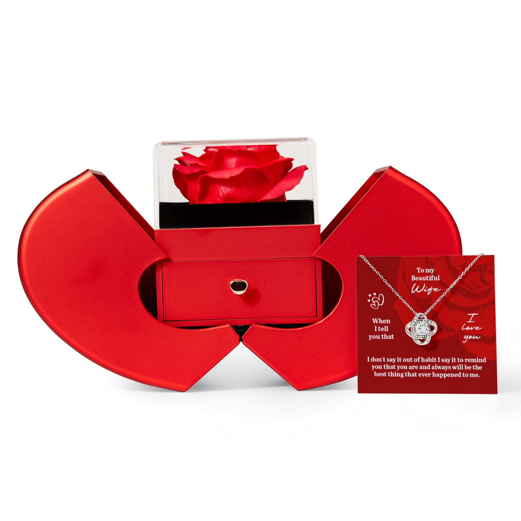 To My Beautiful Wife – Rose Box & Love Knot Necklace Gift Set with Heartfelt Message Card | Romantic Anniversary or Birthday Gift