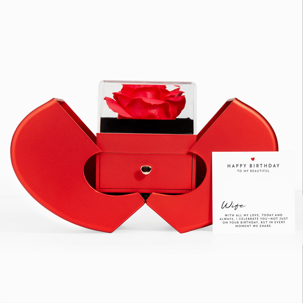 Luxury red rose box revealing Love Knot Necklace with Happy Birthday message card, romantic birthday gift for wife