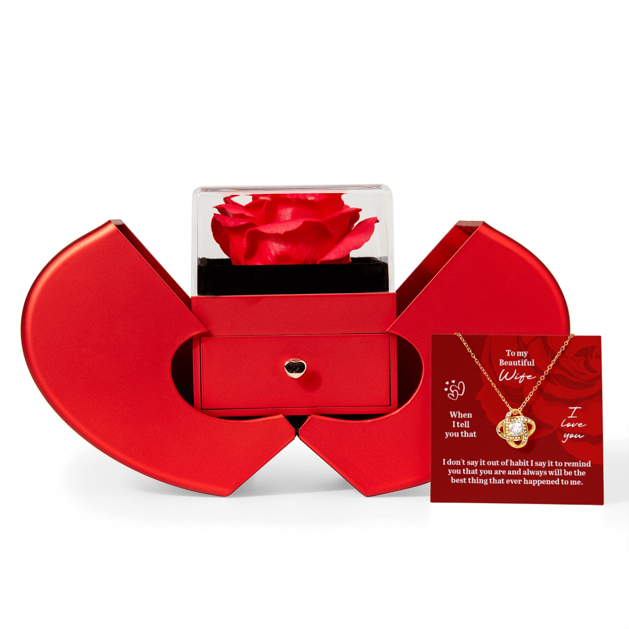 To My Beautiful Wife – Rose Box & Love Knot Necklace Gift Set with Heartfelt Message Card | Romantic Anniversary or Birthday Gift