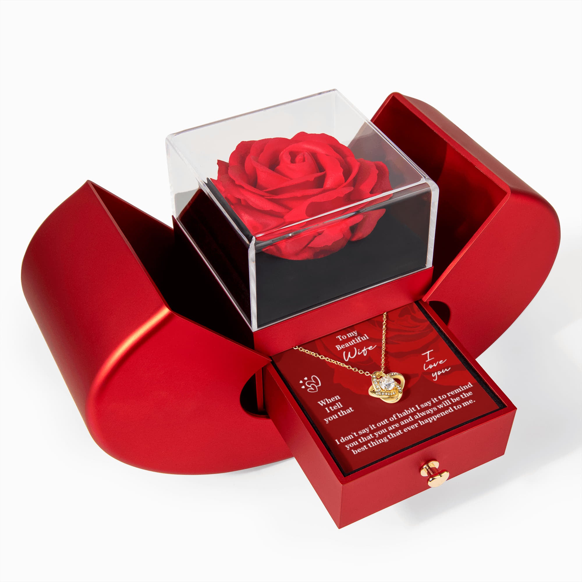 To My Beautiful Wife – Rose Box & Love Knot Necklace Gift Set with Heartfelt Message Card | Romantic Anniversary or Birthday Gift
