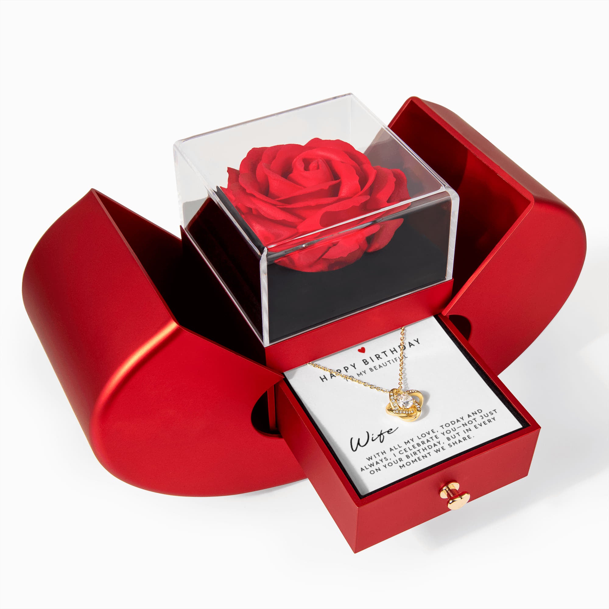 Happy Birthday to My Beautiful Wife – Rose Box & Love Knot Necklace Gift Set | Romantic Birthday Gift for Her