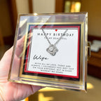 Love Knot Necklace in luxury gift box with red rose and message card reading “Happy Birthday to My Beautiful Wife” — romantic birthday gift for wife.