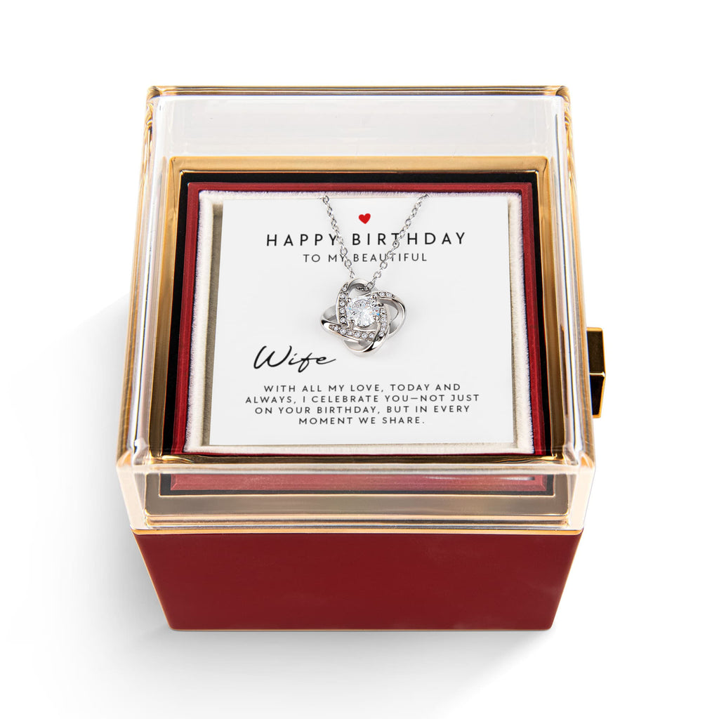 Love Knot Necklace in luxury gift box with red rose and message card reading “Happy Birthday to My Beautiful Wife” — romantic birthday gift for wife.