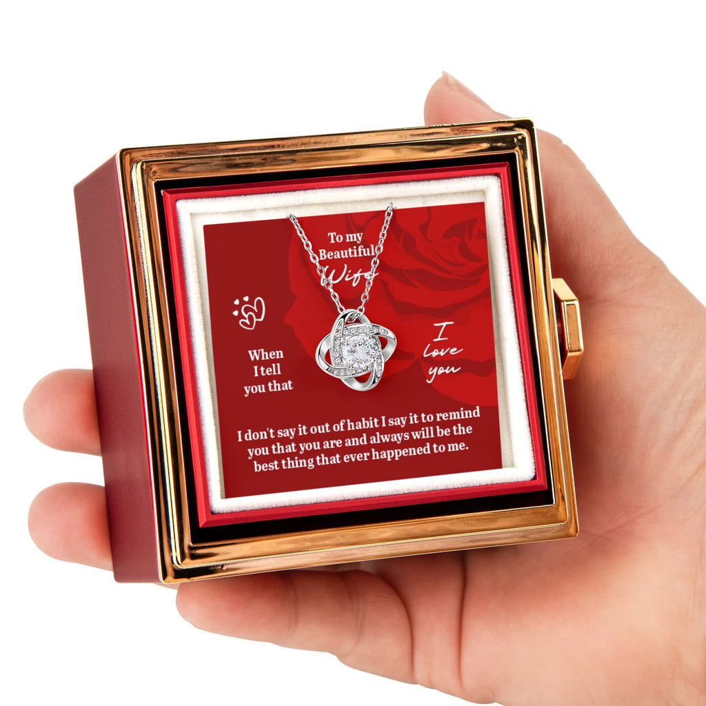 Romantic love knot necklace with message card reading “To My Beautiful Wife,” displayed in a luxury gift box — perfect wife anniversary gift.