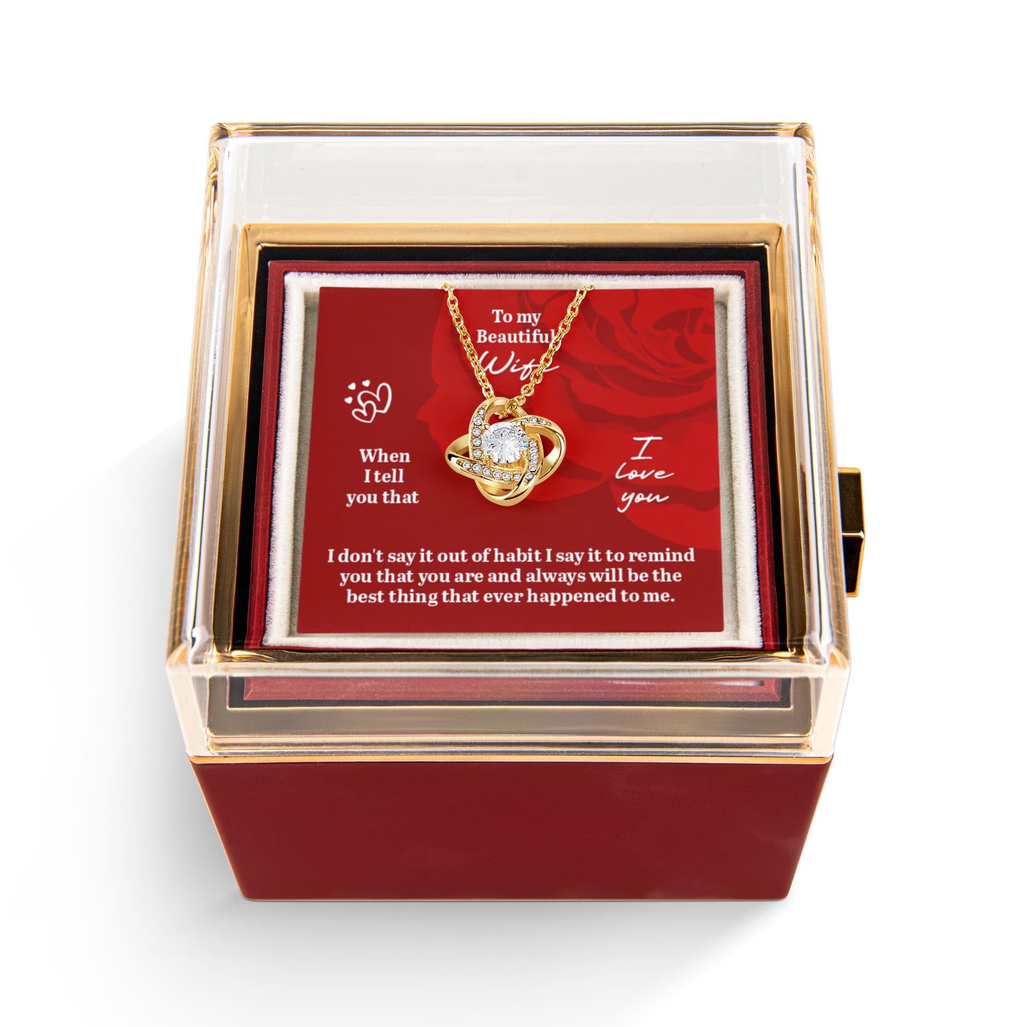 Romantic love knot necklace with message card reading “To My Beautiful Wife,” displayed in a luxury gift box — perfect wife anniversary gift.