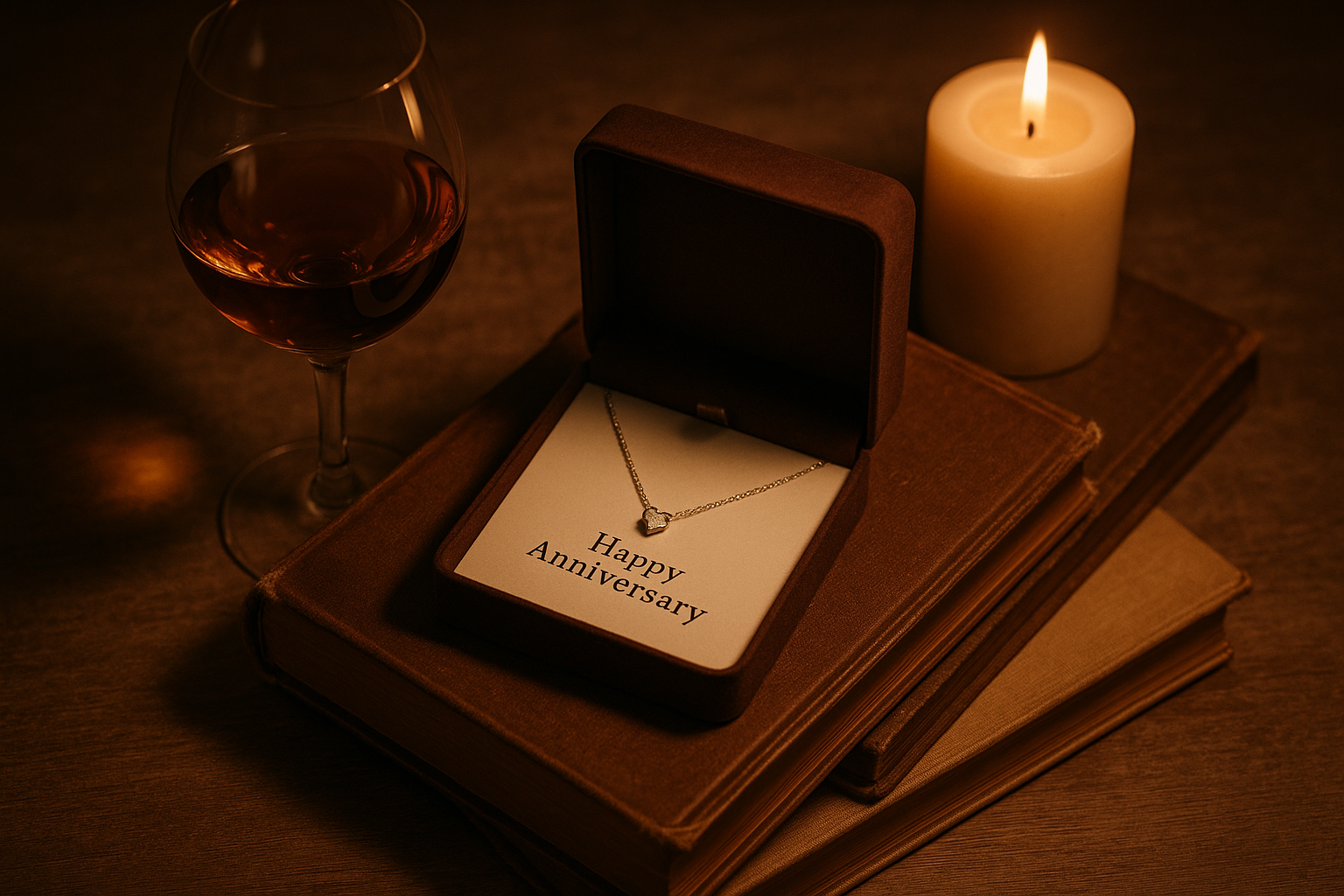Elegant flat lay of a romantic anniversary table, an open jewelry box with a necklace and message card inside, surrounded by a glass of wine, old books, and a candle, styled in warm brown and beige tones, cinematic lighting, luxury lifestyle photography
