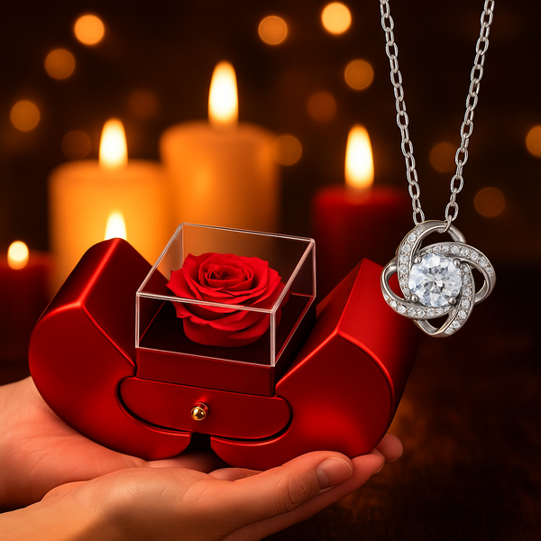 Romantic Christmas gift setup featuring a red heart rose box and silver love knot necklace on a cozy candle-lit table, symbolizing eternal love and perfect for holiday gifting.