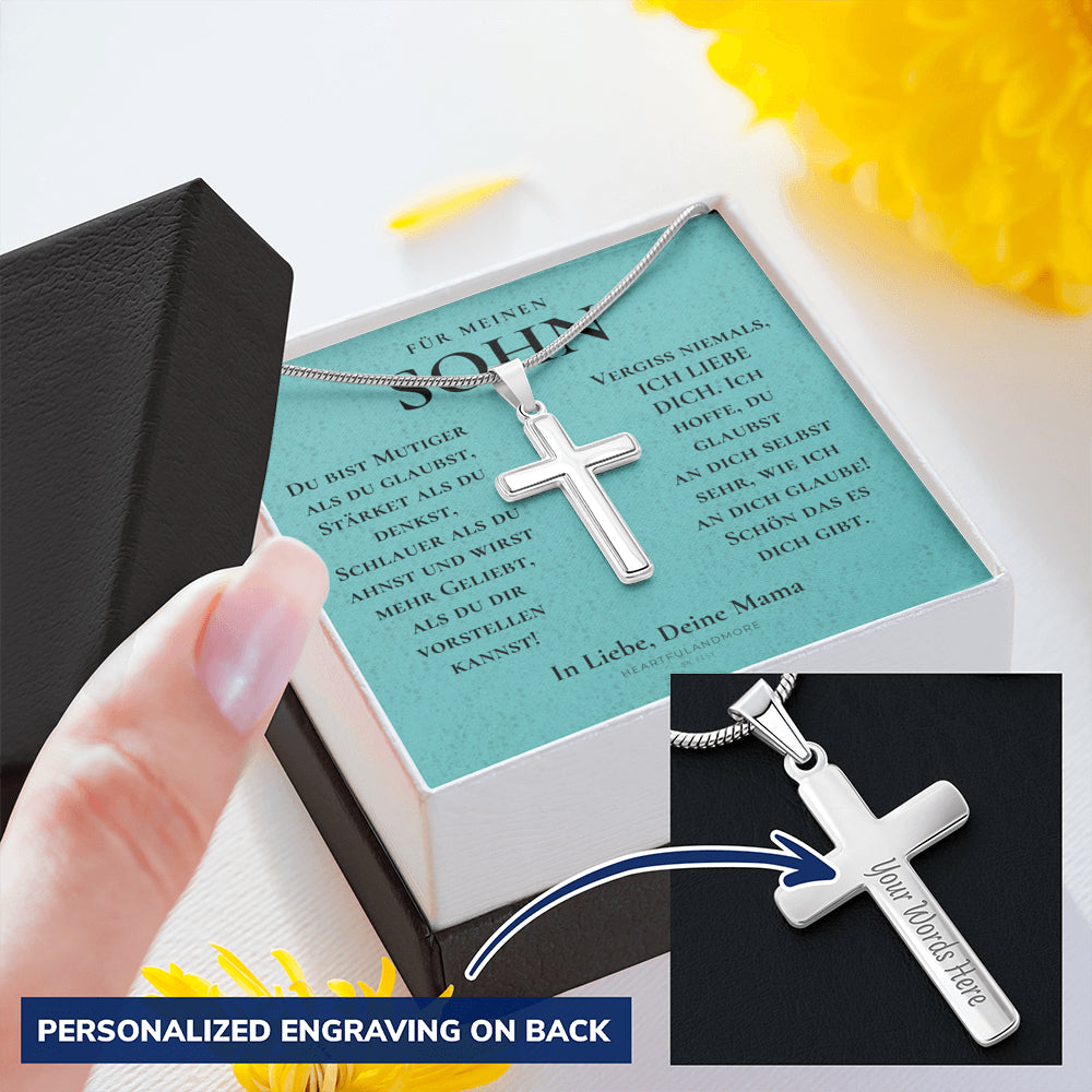 Geschenk für Sohn Mama, Mutter Sohn Geschenk, Geburtstagsgeschenk für Sohn, Kreuz Kette Mit Gravur für Sohn, Konfirmationsgeschenk