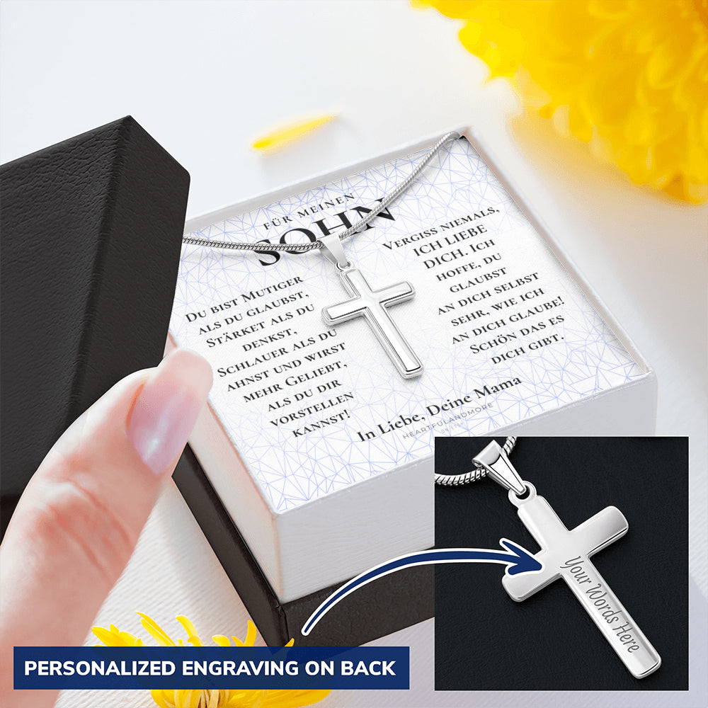 Geschenk für Sohn Mama, Mutter Sohn Geschenk, Geburtstagsgeschenk für Sohn, Kreuz Kette Mit Gravur für Sohn, Konfirmationsgeschenk