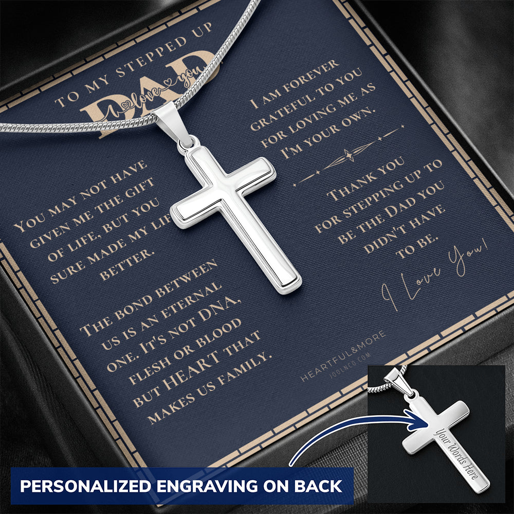 Step Dad Fathers Day Gift, Engraving Necklace, Personalized Cross Necklace, Birthday Present For Bonus Dad, Step Father Wedding Gift