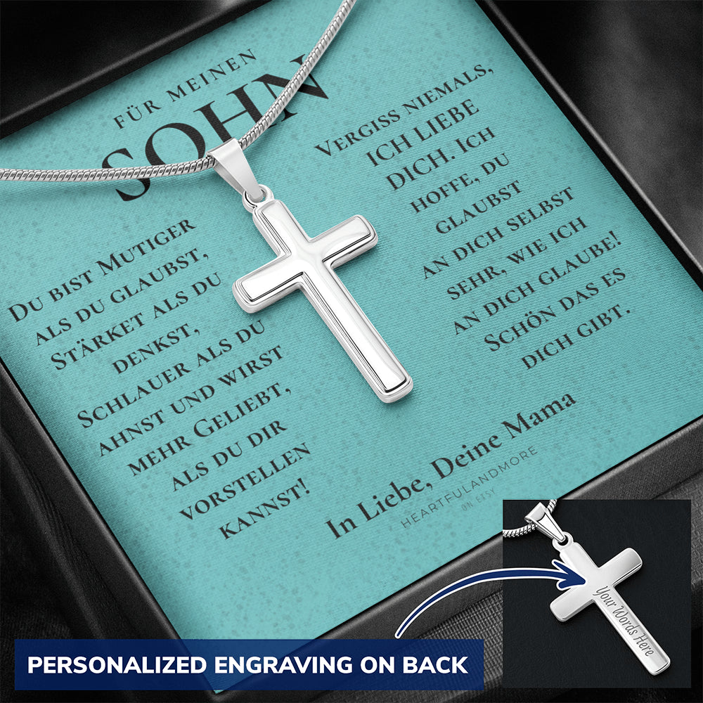 Geschenk für Sohn Mama, Mutter Sohn Geschenk, Geburtstagsgeschenk für Sohn, Kreuz Kette Mit Gravur für Sohn, Konfirmationsgeschenk