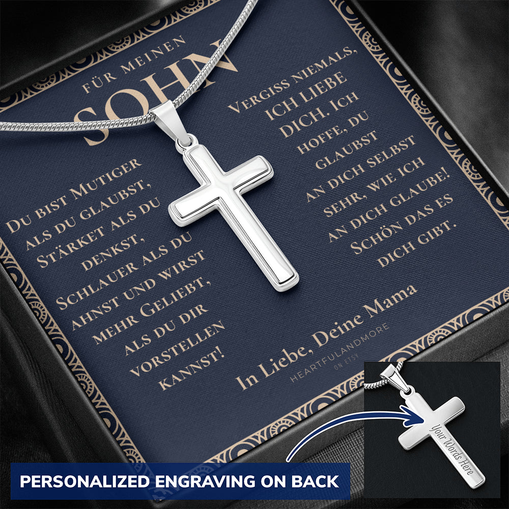 Geschenk für Sohn Mama, Mutter Sohn Geschenk, Geburtstagsgeschenk für Sohn, Kreuz Kette Mit Gravur für Sohn, Konfirmationsgeschenk