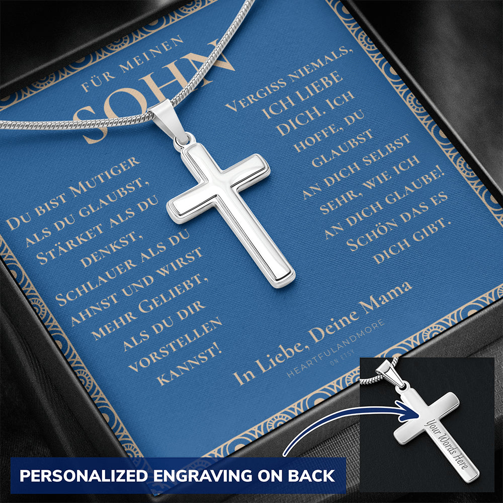Geschenk für Sohn Mama, Mutter Sohn Geschenk, Geburtstagsgeschenk für Sohn, Kreuz Kette Mit Gravur für Sohn, Konfirmationsgeschenk