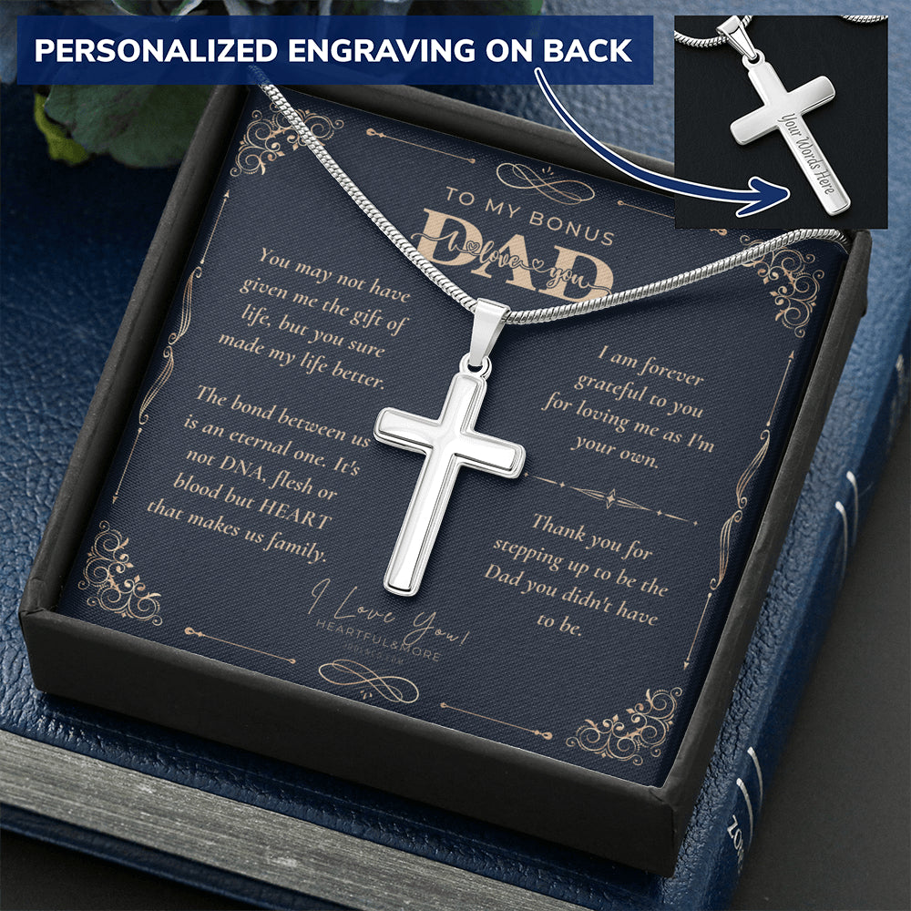 Step Dad Fathers Day Gift, Engraving Necklace, Personalized Cross Necklace, Birthday Present For Bonus Dad, Step Father Wedding Gift