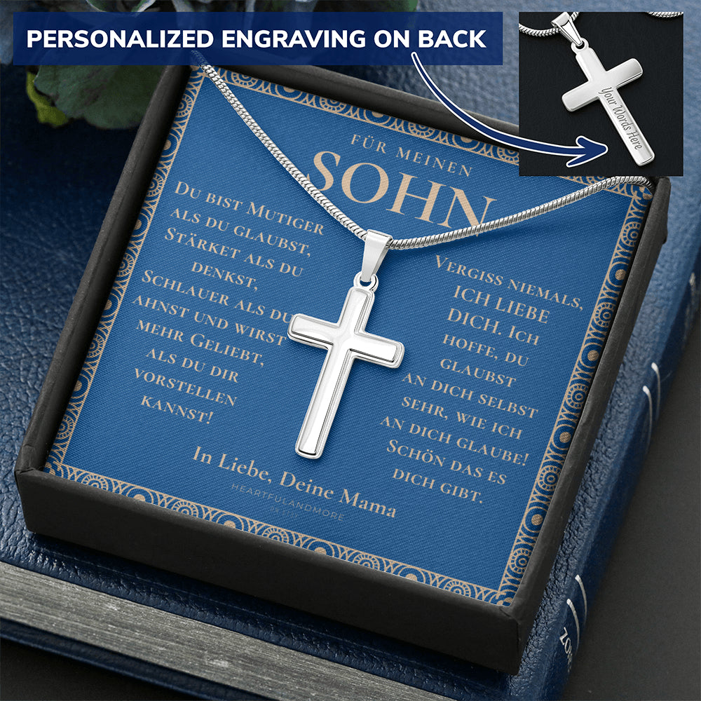 Geschenk für Sohn Mama, Mutter Sohn Geschenk, Geburtstagsgeschenk für Sohn, Kreuz Kette Mit Gravur für Sohn, Konfirmationsgeschenk