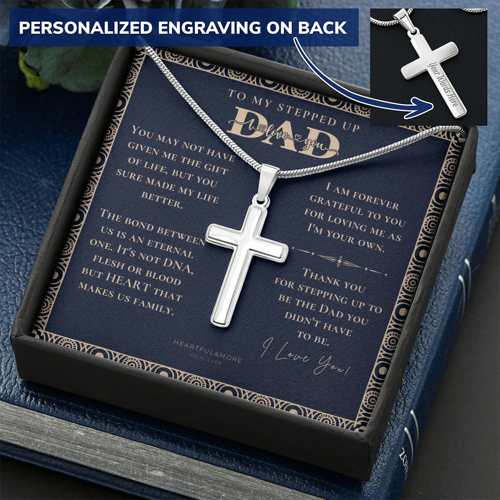 Step Dad Fathers Day Gift, Engraving Necklace, Personalized Cross Necklace, Birthday Present For Bonus Dad, Step Father Wedding Gift