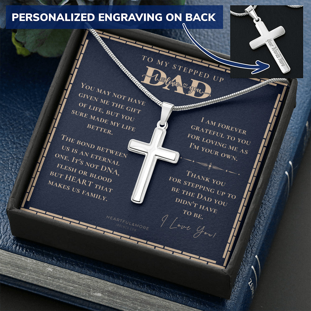 Step Dad Fathers Day Gift, Engraving Necklace, Personalized Cross Necklace, Birthday Present For Bonus Dad, Step Father Wedding Gift