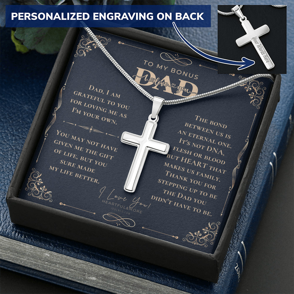 Step Dad Fathers Day Gift, Engraving Necklace, Personalized Cross Necklace, Birthday Present For Bonus Dad, Step Father Wedding Gift