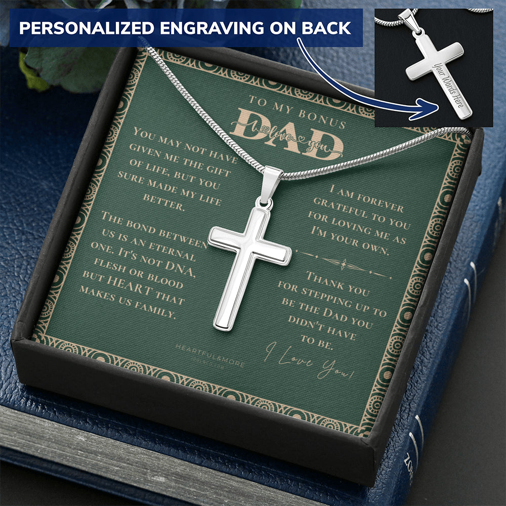 Step Dad Fathers Day Gift, Engraving Necklace, Personalized Cross Necklace, Birthday Present For Bonus Dad, Step Father Wedding Gift