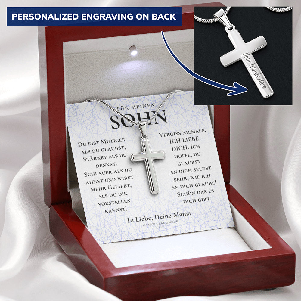 Geschenk für Sohn Mama, Mutter Sohn Geschenk, Geburtstagsgeschenk für Sohn, Kreuz Kette Mit Gravur für Sohn, Konfirmationsgeschenk