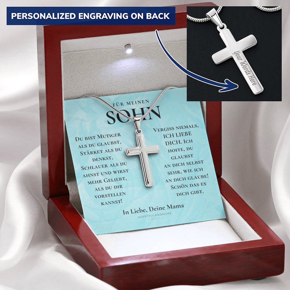 Geschenk für Sohn Mama, Mutter Sohn Geschenk, Geburtstagsgeschenk für Sohn, Kreuz Kette Mit Gravur für Sohn, Konfirmationsgeschenk