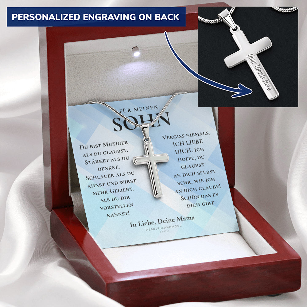 Geschenk für Sohn Mama, Mutter Sohn Geschenk, Geburtstagsgeschenk für Sohn, Kreuz Kette Mit Gravur für Sohn, Konfirmationsgeschenk