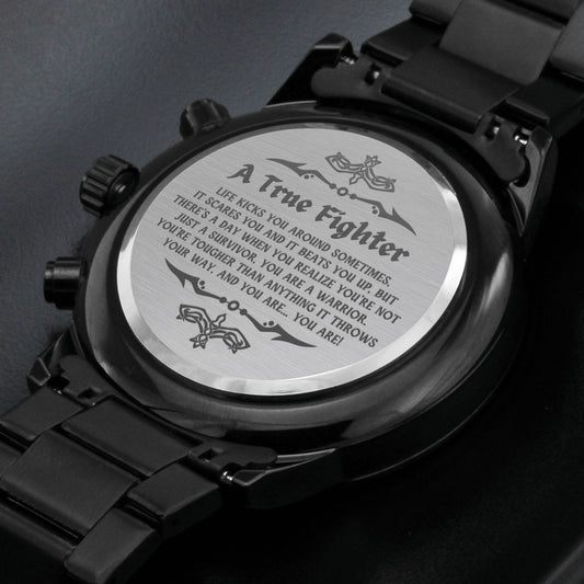 Cancer Survivor Watch for Men - Engraved Design Black Chronograph Watch