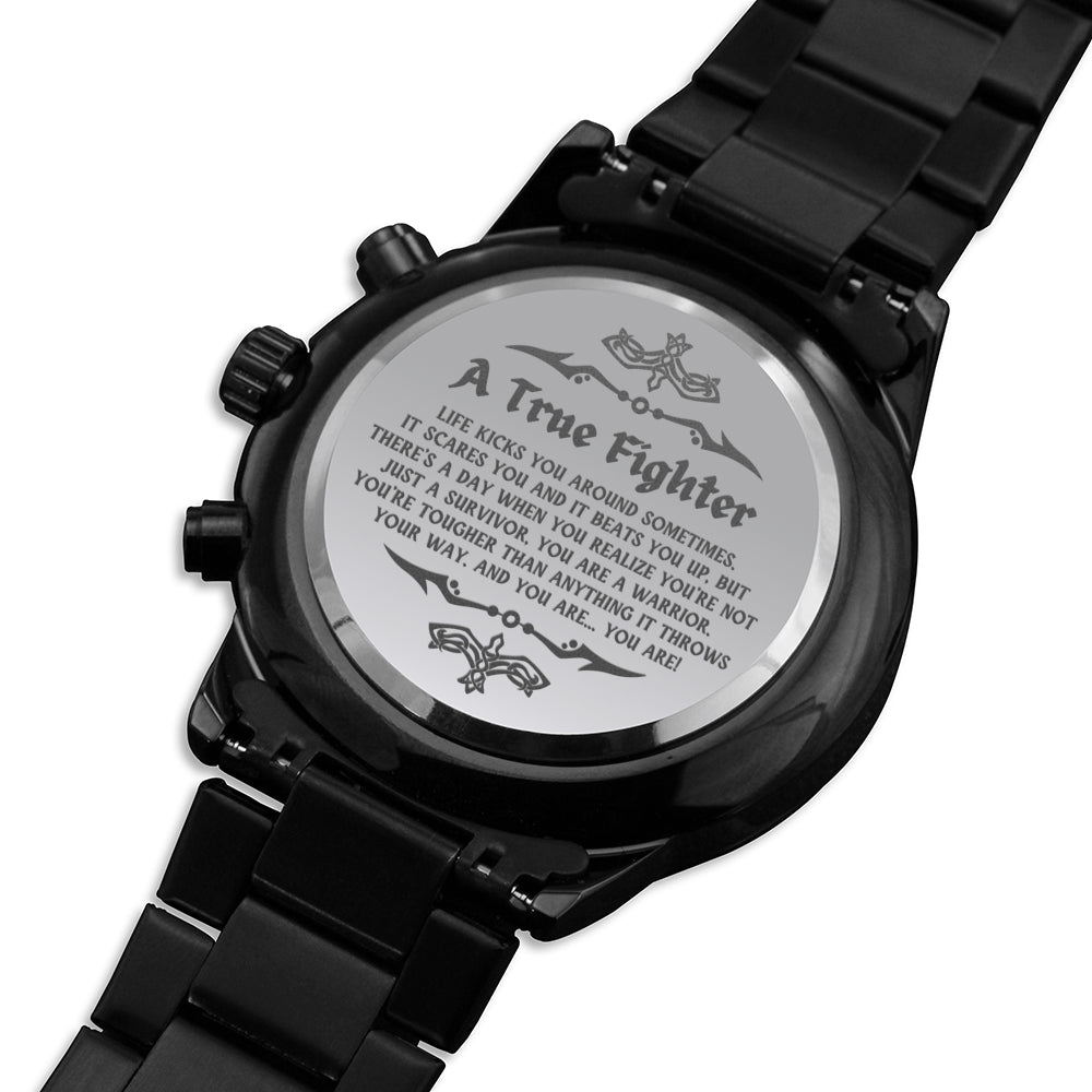 Cancer Survivor Watch for Men - Engraved Design Black Chronograph Watch