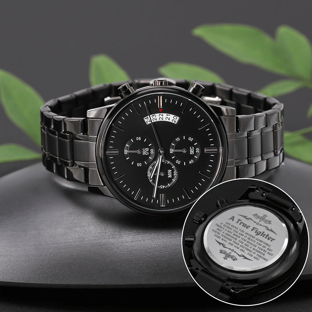Cancer Survivor Watch for Men - Engraved Design Black Chronograph Watch